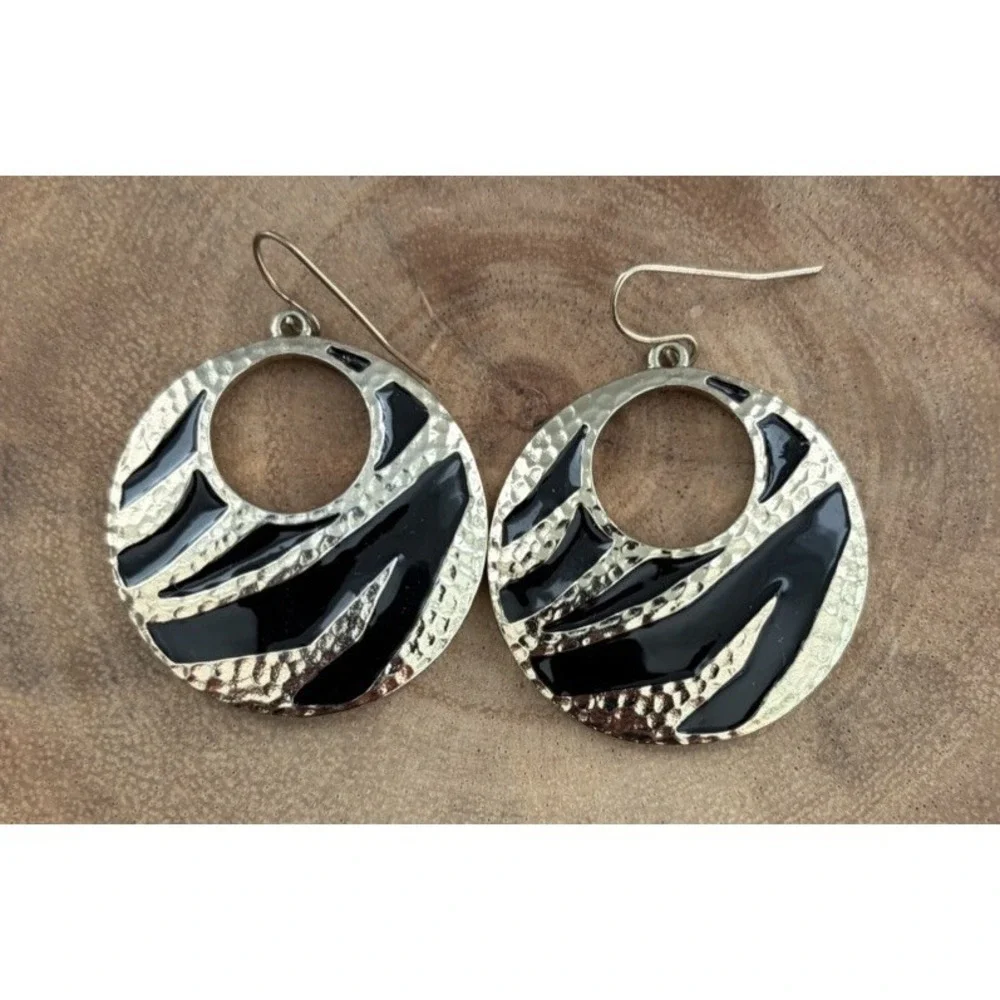Round Zebra Print Dangle Drop Earrings Metal Gold & Black Half Moon Statement